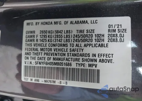 2021 Honda Pilot Awd Elite z USA, uszkodzony, nr VIN 5FNYF6H05MB051686
